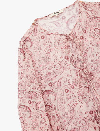 Uzun Kollu Bağlamalı Yaka Etnik Desenli Gömlek