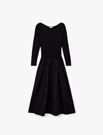 İki Farklı Kumaş Detaylı Uzun Kollu Geniş Yuvarlak Yaka Midi Kloş Elbise