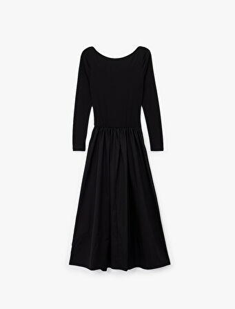 İki Farklı Kumaş Detaylı Uzun Kollu Geniş Yuvarlak Yaka Midi Kloş Elbise