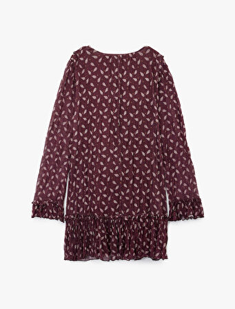 Etnik Desenli Fırfır Detaylı Uzun Kollu V Yaka Mini Elbise