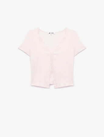 Slim Fit Kısa Kollu Dantelli Pamuklu V Yaka Tişört