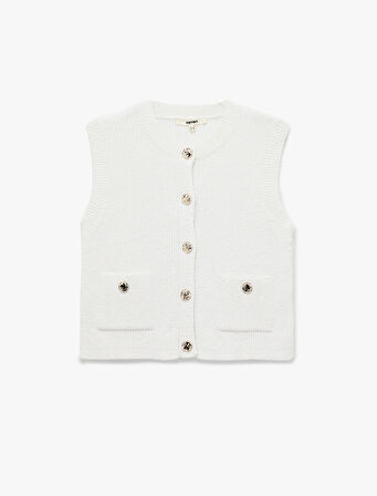 Gold Düğme Detaylı Cepli Kolsuz Bisiklet Yaka Triko Yelek