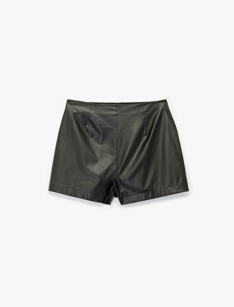 Slim Fit Asimetrik Kesim Kruvaze Suni Deri Şort Etek