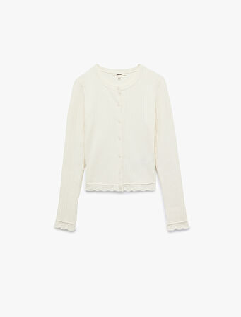 Uzun Kollu Viskon Karışımlı Dokulu Düğmeli Bisiklet Yaka Triko Hırka