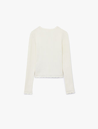 Uzun Kollu Viskon Karışımlı Dokulu Düğmeli Bisiklet Yaka Triko Hırka