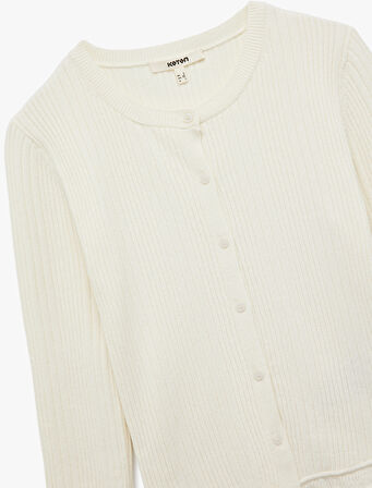 Uzun Kollu Viskon Karışımlı Dokulu Düğmeli Bisiklet Yaka Triko Hırka