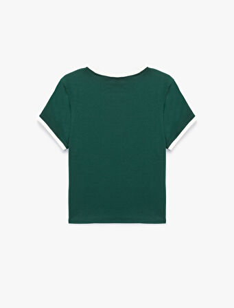 Slim Fit Kısa Kollu Biyeli Bisiklet Yaka Baskılı Tişört