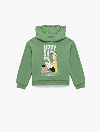 Şardonlu Uzun Kollu Kapşonlu Baskılı Sweatshirt
