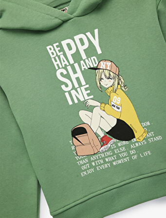 Şardonlu Uzun Kollu Kapşonlu Baskılı Sweatshirt