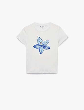 Kısa Kollu Bisiklet Yaka Pamuklu Çiçek Baskılı Tişört