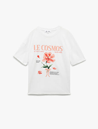 Pamuklu Kısa Kollu Bisiklet Yaka Fiyonklu Hibiskus Baskılı Tişört