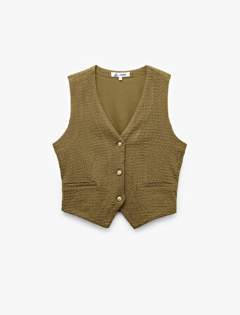 Düğmeli V Yaka Dar Kesim Fleto Cepli Kolsuz Yelek