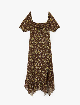 Asimetrik U Yaka Kısa Balon Kol Yırtmaçlı Bağcıklı Çiçekli Uzun Tül Elbise