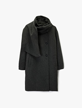 Uzun Kollu Cepli Düğmeli Kruvaze Atkılı Kaşe Kaban