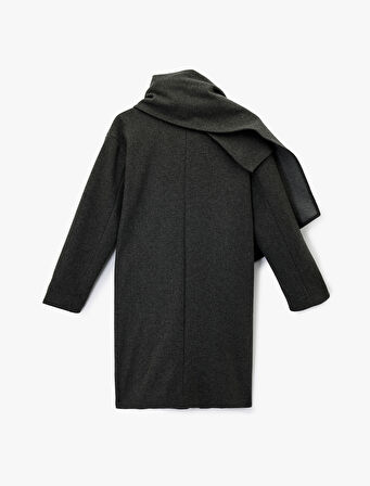 Uzun Kollu Cepli Düğmeli Kruvaze Atkılı Kaşe Kaban