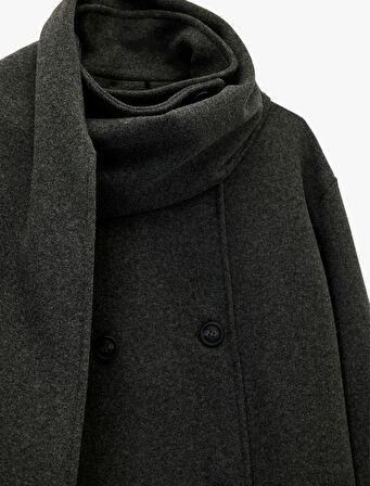 Uzun Kollu Cepli Düğmeli Kruvaze Atkılı Kaşe Kaban