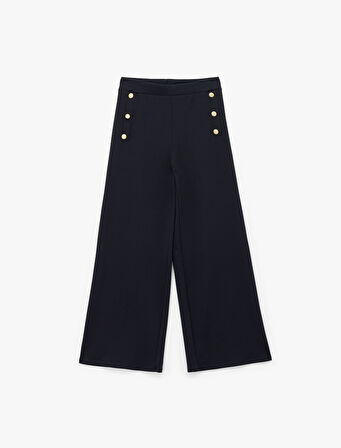 Düğme Detaylı Uzun Geniş Paça Kumaş Pantolon