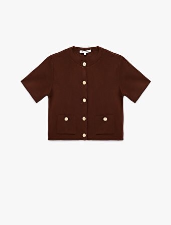 Kısa Kollu Bisiklet Yaka Düğme Detaylı Cepli Triko Hırka