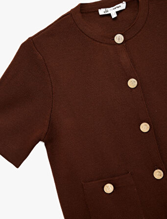 Kısa Kollu Bisiklet Yaka Düğme Detaylı Cepli Triko Hırka