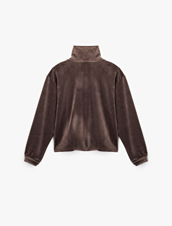 Yarım Fermuarlı Uzun Kollu Rahat Kalıp Dik Yaka Kadife Pijama Üstü