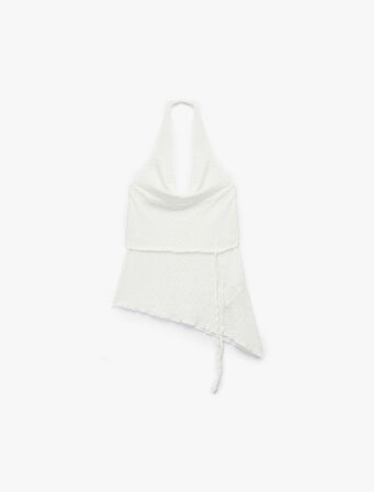 Bağlama Detaylı Slim Fit Bürümcük Asimetrik Kesim Kolsuz Degaje Yaka Bluz