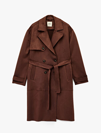 Kemerli Uzun Kollu Cepli Kruvaze Süet Görünümlü Trençkot