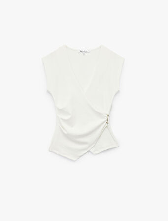 Bürümcük Slim Fit Metal Aksesuarlı Kruvaze Yaka Kolsuz Tişört