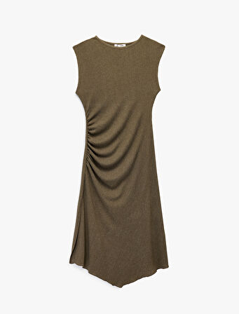 Kolsuz Bisiklet Yaka Asimetrik Bürümcük Drapeli Midi Elbise