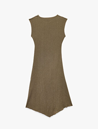 Kolsuz Bisiklet Yaka Asimetrik Bürümcük Drapeli Midi Elbise