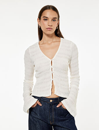 Uzun İspanyol Kollu V Yaka Düğmeli Bürümcük Hırka