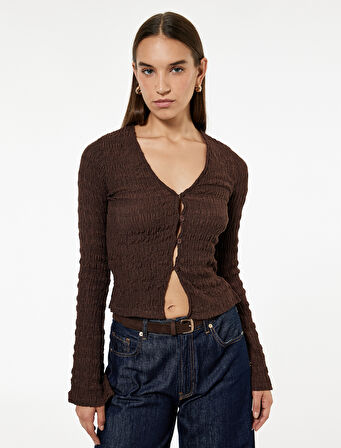 Uzun İspanyol Kollu V Yaka Düğmeli Bürümcük Hırka