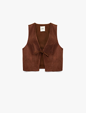 Slim Fit V Yaka Bağlama Detaylı Crop Suni Süet Yelek