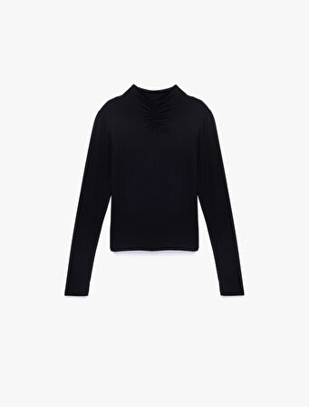 Slim Fit Uzun Kollu Drape Detaylı Dik Yaka Tişört