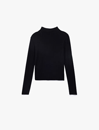 Slim Fit Uzun Kollu Drape Detaylı Dik Yaka Tişört