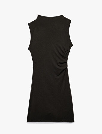 Slim Fit Drape Detaylı Dik Yaka Kolsuz Mini Kalem Elbise
