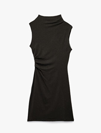Slim Fit Drape Detaylı Dik Yaka Kolsuz Mini Kalem Elbise