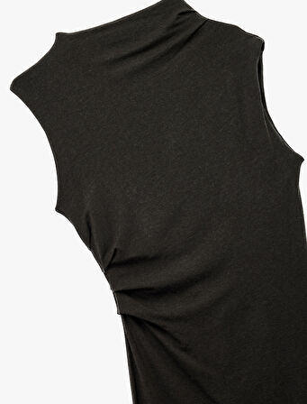 Slim Fit Drape Detaylı Dik Yaka Kolsuz Mini Kalem Elbise