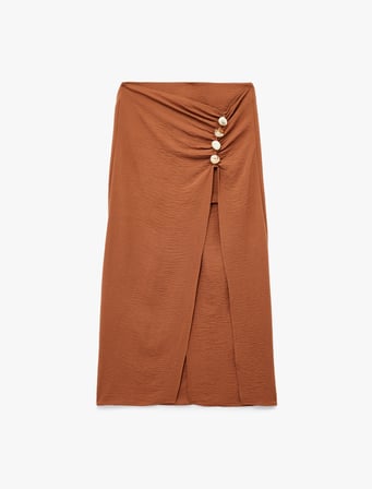 Aerobin Kumaş Drape Detaylı Taşlı Yırtmaçlı Midi Etek
