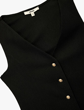 Bürümcük Kumaş Dokulu V Yaka Düğmeli Yelek