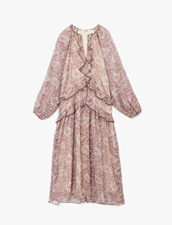 Etnik Desenli Uzun Kollu V Yaka Fırfırlı Midi Boy Şifon Elbise