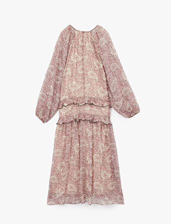 Etnik Desenli Uzun Kollu V Yaka Fırfırlı Midi Boy Şifon Elbise