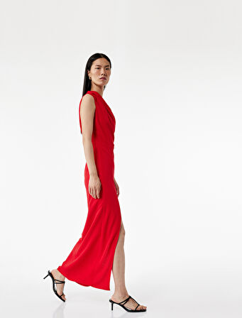 Krep Kumaş Asimetrik Kesim Drapeli Yırtmaçlı Midi Boy Tek Omuz Elbise