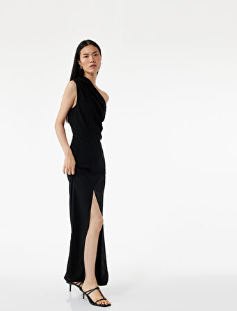 Krep Kumaş Asimetrik Kesim Drapeli Yırtmaçlı Midi Boy Tek Omuz Elbise