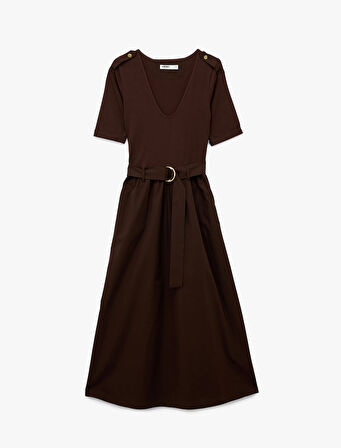 U Yaka Kısa Kollu Kemer Detaylı A Kesim Uzun Elbise