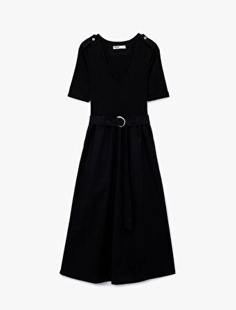 U Yaka Kısa Kollu Kemer Detaylı A Kesim Uzun Elbise