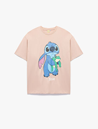 Stitch Lisanslı Kısa Kollu Bisiklet Yaka Baskılı Oversize Tişört