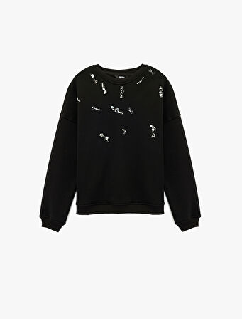 Şardonlu Uzun Kollu Bisiklet Yaka Pul Payet Detaylı Sweatshirt