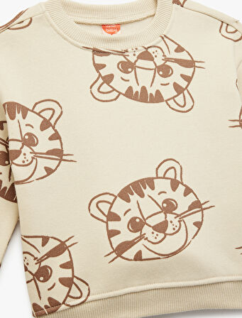 Kaplan Baskılı Uzun Kollu Bisiklet Yaka Şardonlu Sweatshirt