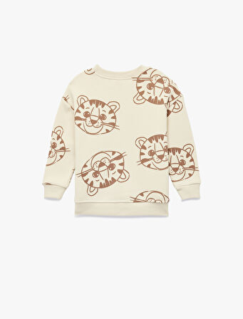 Kaplan Baskılı Uzun Kollu Bisiklet Yaka Şardonlu Sweatshirt