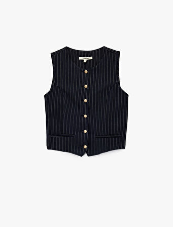 Slim Fit Kolsuz Bisiklet Yaka Çizgili Blazer Yelek